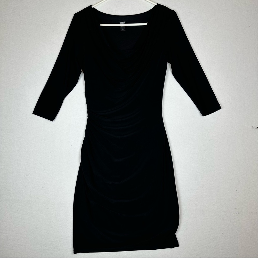 Gump's Long Sleeve Ruched Midi Black Dress LBD Party Minimalist